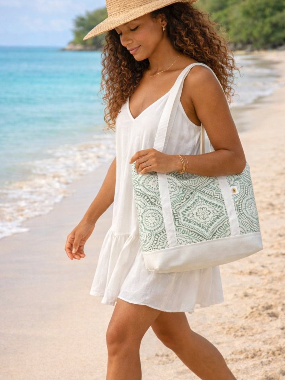 White and Turquoise Mandela Pattern Fabric Tote Bag Stylish Patterned Tote Bag - Picture 3 of 7